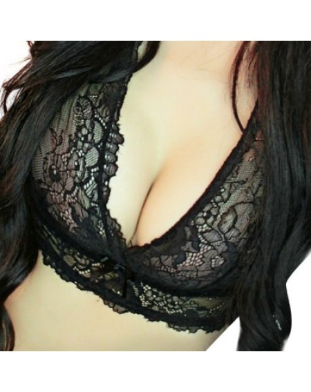 Plunging Neck Wire Free Push UP Bra + Low Elastic Waist Briefs Lace Patchwork Bowtie Perspective Wom