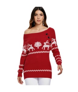 Off The Shoulder Knit Tunic Reindeer Sweater