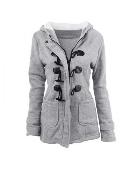 Female Coat Thick Horn Button Hooded Cotton Blend Women Jacket
