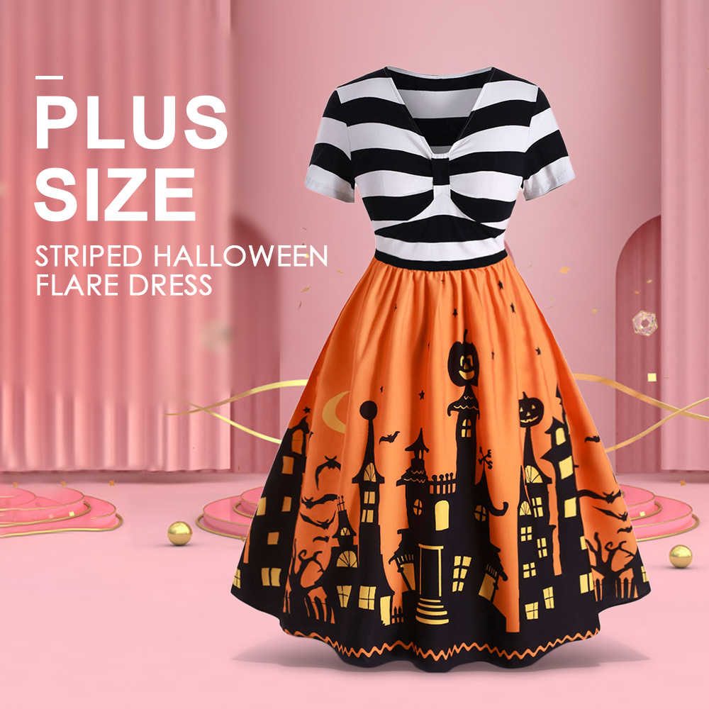 Plus Size Striped Halloween Flare Dress